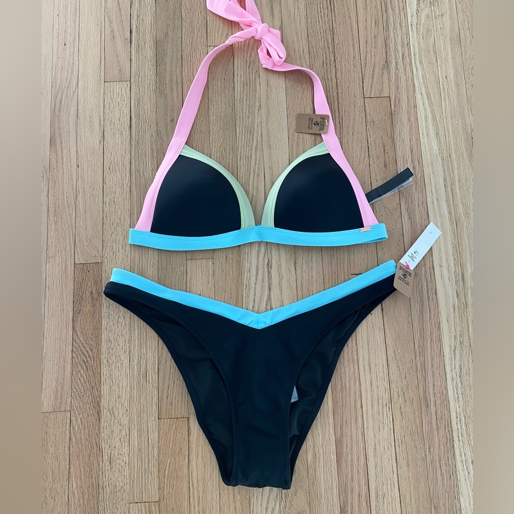 Victoria Secret Pink NWT black neon  triangle halter ruched bottom bikini